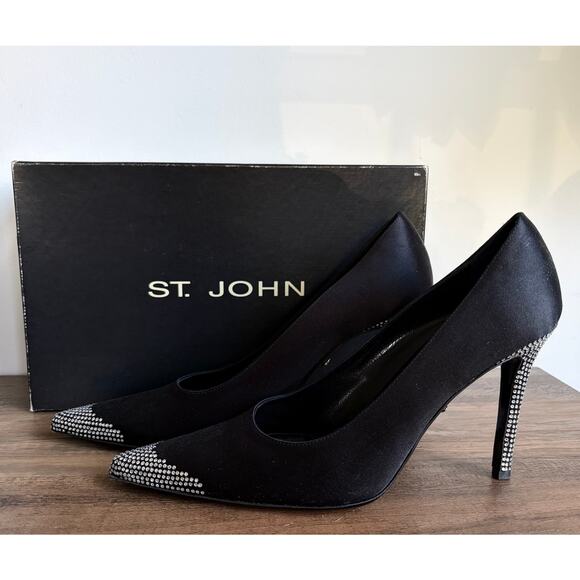 St. John Couture Audrey 8 Black Satin Rhinestone Heels Pointed Toe Stiletto Box - Picture 1 of 10